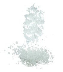 Big size ground salt splash in air, food object element design. White background isolated high speed freeze motion. Salt rock flower pour fall in bowl, white Salt rock flower cook abstract cloud fly