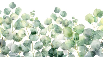 A green eucalyptus branch on a white background in a watercolor style illustration. 