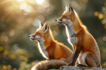 Fototapeta premium Photo realistic foxes in sunlight, ultrarealistic, highdetail, warm hues, serene scene, sun rays illuminating fur, breathtaking visual depth