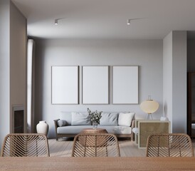 modern scandinavian style living room with mockup poster. 3d Illustration
