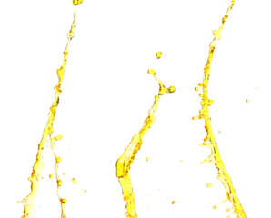Fruit beverage water elements in line form . Fresh splashing and flowing jets, white background isolated freeze motion. Orange, lemon juice or oil lubricant splash, liquid gold yellow drink drops