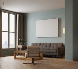 modern scandinavian style living room with mockup poster. 3d Illustration