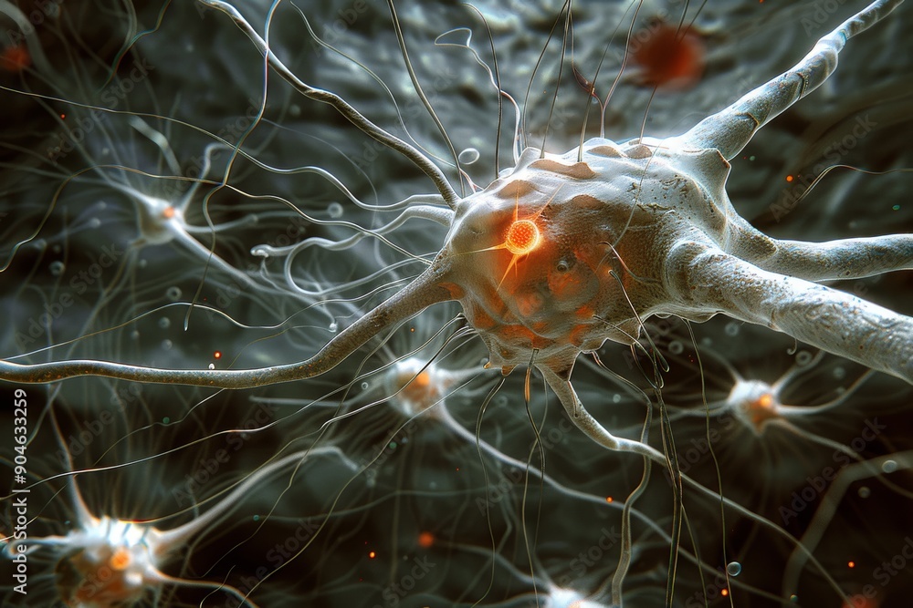 Poster intricate network of neurons firing in a digital simulation, depicting advanced neurological activit