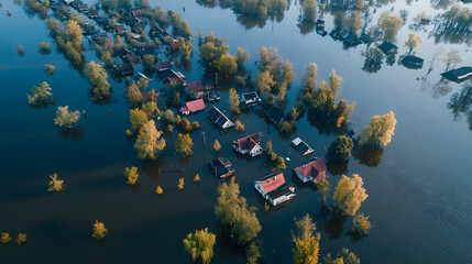 A devastating flood scene, with submerged homes & cars, showcasing nature's wrath.