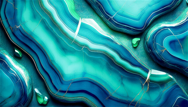 Flat lay abstract surface of brushed chrysocolla stone slab texture background with space to copy, panoramic view