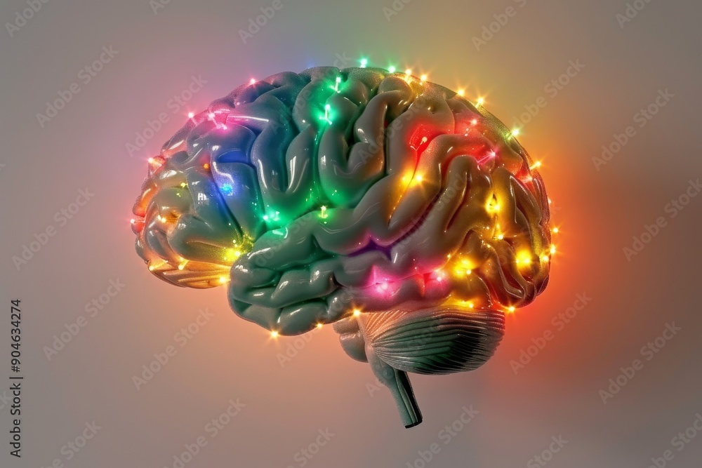Aufkleber multicolored brain with glowing neon wires, depicting a complex network of thoughts and ideas.