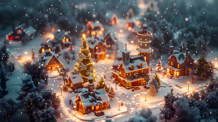 Obraz premium Christmas village with Snow in vintage style. Winter Village Landscape. Christmas Holidays. Christmas Card. 3d illustration