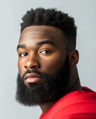 headshot of an African American football player with a black beard, wearing a red jersey, isolated on a light grey background with soft studio lighting. The portrait is in the style of a realistic