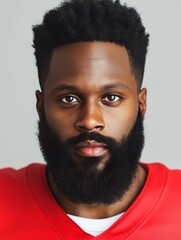 headshot of an African American football player with a black beard, wearing a red jersey, isolated on a light grey background with soft studio lighting. The portrait is in the style of a realistic