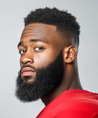 headshot of an African American football player with a black beard, wearing a red jersey, isolated on a light grey background with soft studio lighting. The portrait is in the style of a realistic