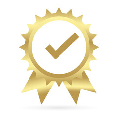 Approval certificate gold color icon. Award or medal symbol. Check mark inside. for company logos and web design. transparent background