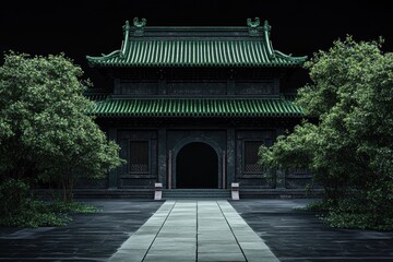 Fototapeta premium Ancient Chinese Temple with Green Roof and Stone Pathway