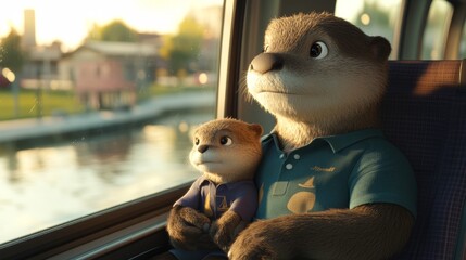 an otter 3D character with shirt and his child sitting side by side, in a train, looking outside the window of eco friendly modern city in the style of 3D, late afternoon sun