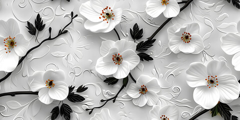 Seamless 3D White Spring Cherry Blossom Autumn Black Leaves and Flowers With Branches on a Light Background. Abstract Floral 3D Landscape Wall Sticker. HD Seamless Wallpaper