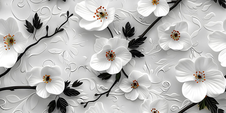 Fototapeta Seamless 3D White Spring Cherry Blossom Autumn Black Leaves and Flowers With Branches on a Light Background. Abstract Floral 3D Landscape Wall Sticker. HD Seamless Wallpaper