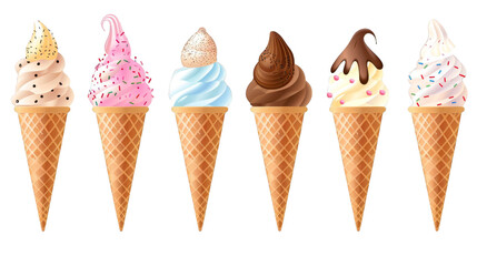 A row of six ice cream cones with different flavors