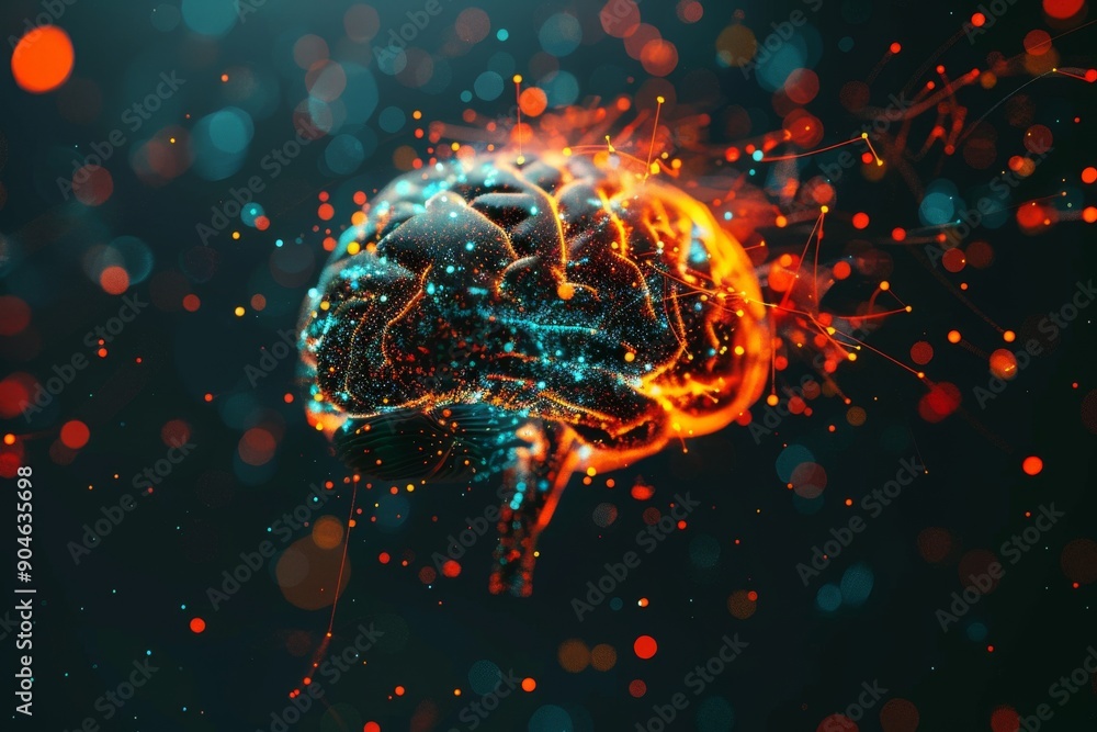 Poster blue-toned brain with glowing circuits on a digital grid, exploring the nexus between human cognitio