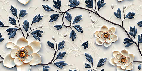 Seamless 3D White, Yellow Spring Cherry Blossom Autumn Blue Leaves and Flowers With Branches on a Light Background. Abstract Floral 3D Landscape Wall Sticker. HD Seamless Wallpaper
