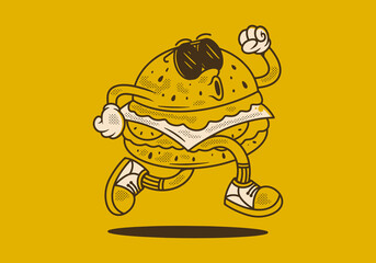 Retro mascot character illustration of jumping burger
