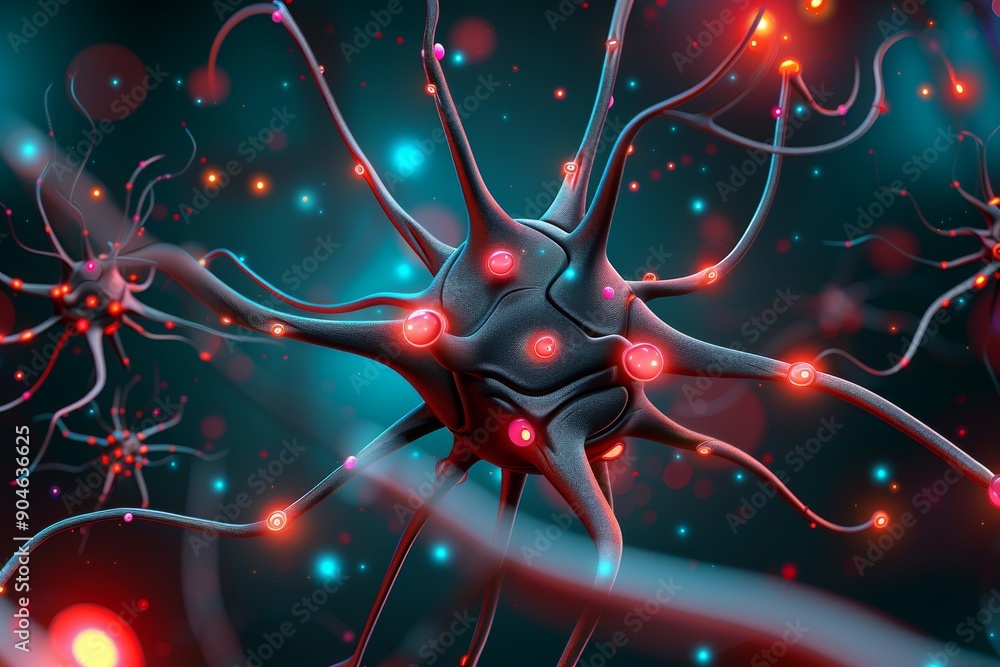Aufkleber dynamic red neurons firing in a complex network, illustrating the vibrant energy of synaptic transmi