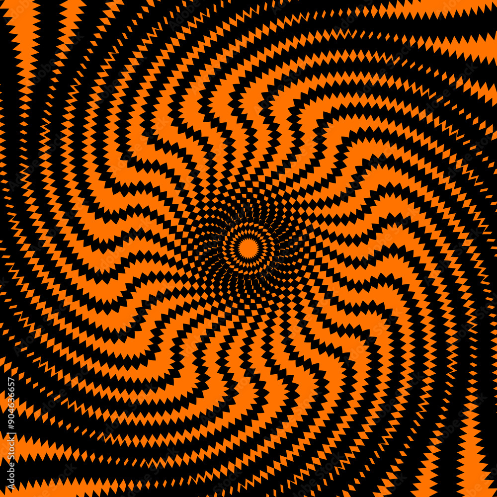 Poster Psychedelic Halloween spiral pattern. Dynamic black and orange vortex waves with sharp, jagged edges. Vector illusion of continuous motion and energy, trippy whirlpool, distorted twirl background