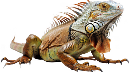 A lizard with long green and brown spines is laying on a white background