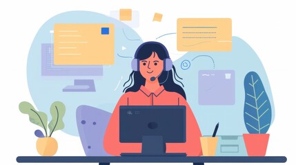 A woman is sitting at a desk with a laptop and a computer monitor