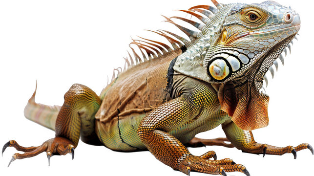 A lizard with long green and brown spines is laying on a white background - Powered by Adobe