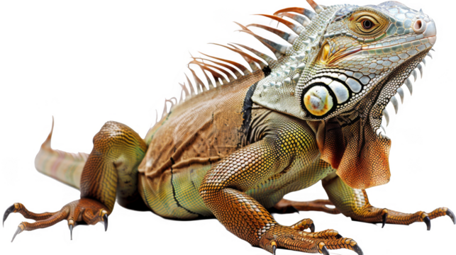 A lizard with long green and brown spines is laying on a white background