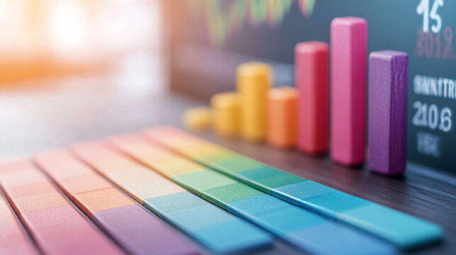 A colorful set of blocks with a graph on top of them. The blocks are arranged in a rainbow pattern, and the graph shows a series of numbers. Concept of creativity and playfulness, as the blocks
