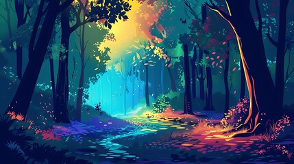 Magical Forest Path with Rainbow Hues