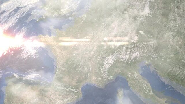 Earth zoom in from space and focus on Beaune, France. Background for travel intro or blog. Satellite view. 3D style Animation. Images from NASA.