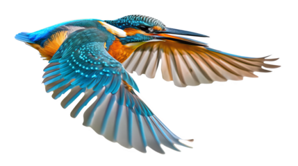 A blue and orange bird with a blue wing is flying in the air