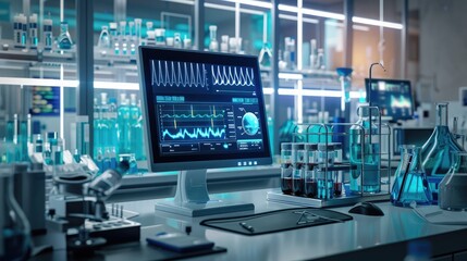 An AI diagnostic system integrated into a medical lab, with digital readouts and sophisticated data analysis tools.