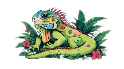 Naklejka premium Drawing of a colorful iguana looking like a gentle dragon for a children's book illustration, on a white background. Transparent image png