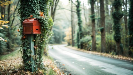 Dark red mailbox covered with alternating green, orange, and yellow vines climbing up the post to the old dark red mailbox in the countryside, located on a rural road, with big trees with thick green 