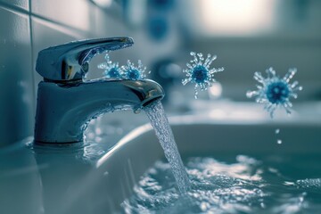 Water Flowing From Faucet With Virus Particles In Air
