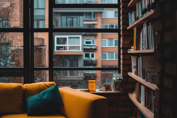 A cozy living room featuring a vibrant yellow sofa and a bookshelf filled with books. The room has a large window with a view of urban apartments, creating a warm and inviting atmosphere. 