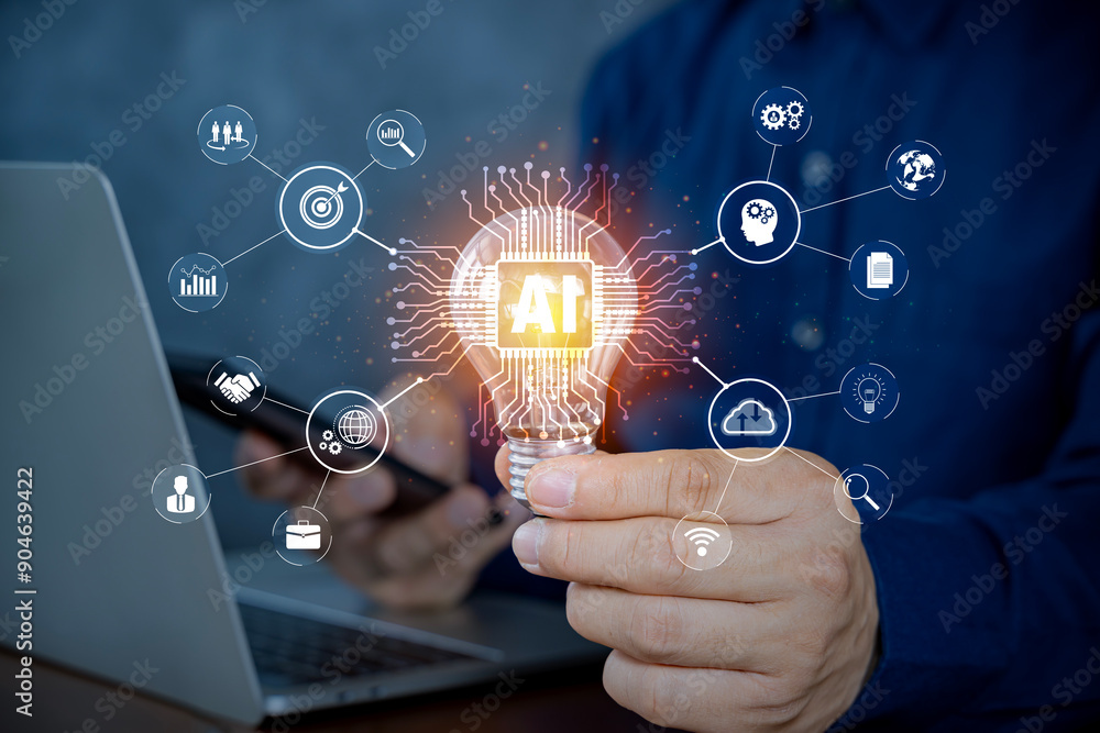 Poster ai artificial intelligence. business woman using ai technology for data analysis.