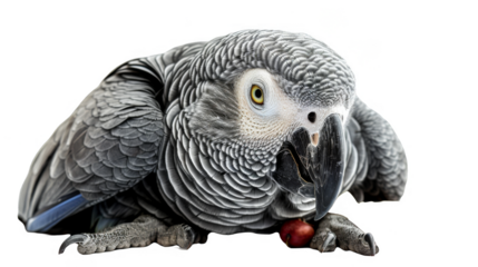 A grey parrot is laying on its back with its head tilted to the side