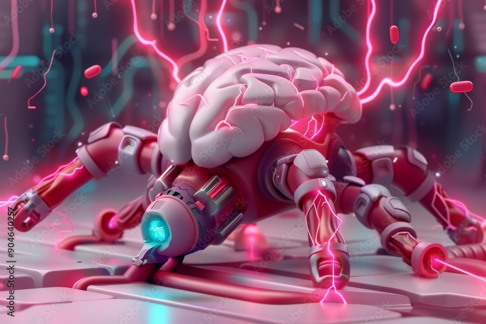 Poster electrified brain in dynamic motion, illustrating the rapid firing of neurons and intense cognitive 