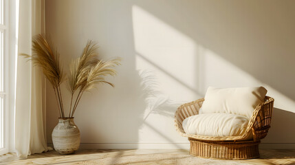 Empty beige wall mockup in boho room interior with wicker armchair and vase. Natural daylight from a window. Promotion background.