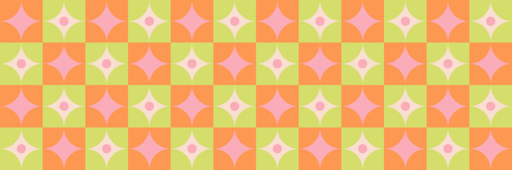 Geometric pattern with orange and green squares with white and pink rhombs with dots. Abstract modern seamless pattern squares in staggered order with rhombs