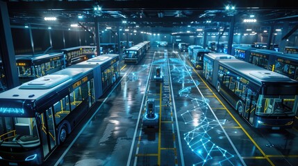 An AI-managed bus depot with autonomous vehicle dispatching and maintenance scheduling systems.