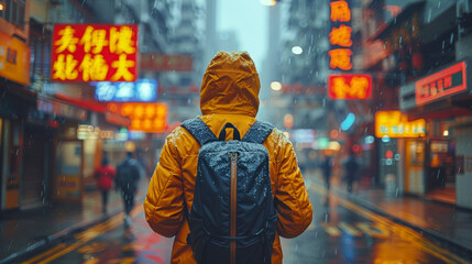 Obraz premium Woman Walking Down Neon-Lit City Street at Night: Urban Solitude
