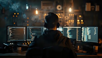 Obraz premium Programmer Working Late: Coding Software on Multiple Monitors