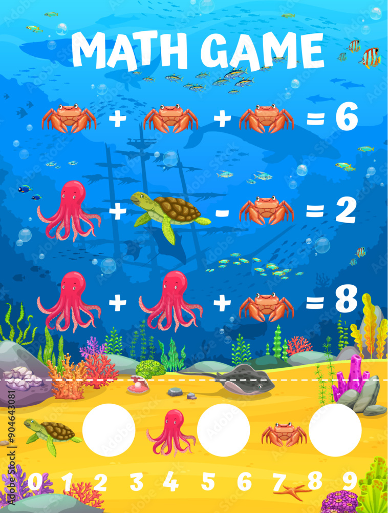 Poster kids math game, underwater landscape and sea animals. vector mathematics riddle worksheet for childr