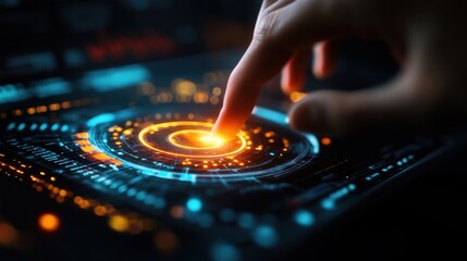 Futuristic Touchscreen Interface with Hand Interacting with Digital Holographic Display in Dark Environment