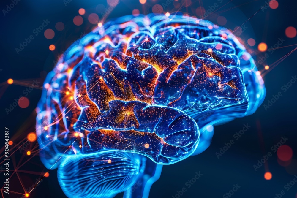 Poster high-resolution brain scan with neural lighting effects, highlighting advanced diagnostic technology