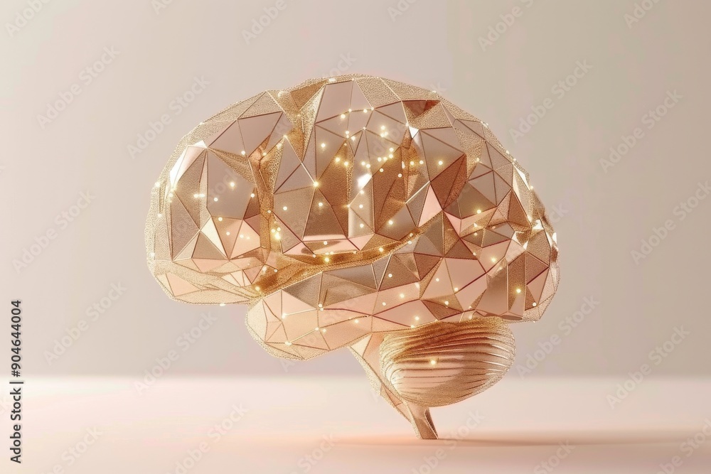 Poster golden brain sculpture on transparent pedestal, blending art with science in a display of cognitive 